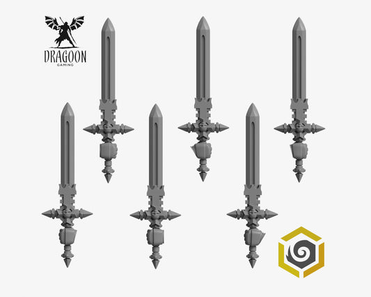 Set of six Eternal Pilgrims powerswords by Greytide Studios 3d printed in grey resin for use in 28mm and 32mm tabletop wargames. This item is also compatible with Primaris Space Marines, black templar and deathwatch in Warhammer 40K