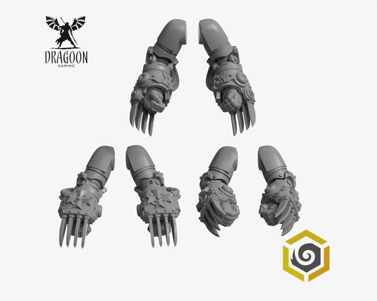 Set of six Eternal Pilgrims power claws by Greytide Studios 3d printed in grey resin for use in 28mm and 32mm tabletop wargames. This item is also compatible with Primaris sized Space Marines, Black Templars and Dark Angels in Warhammer 40K