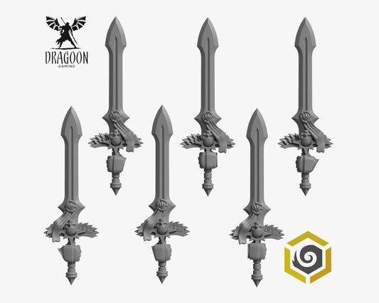 Set of six Eternal Pilgrims powerswords by Greytide Studios 3d printed in grey resin for use in 28mm and 32mm tabletop wargames. This item is also compatible with Primaris Space Marines, black templar and deathwatch in Warhammer 40K