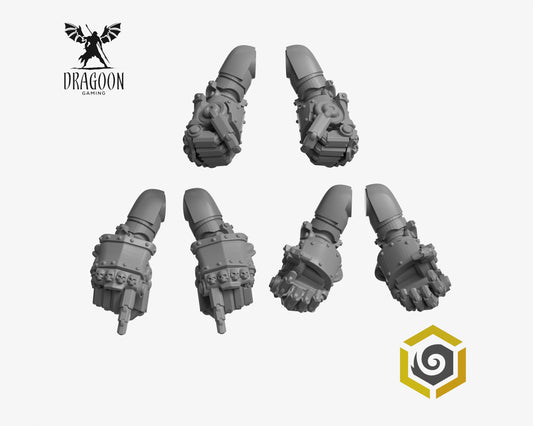 Set of six Eternal Pilgrims power fists by Greytide Studios 3d printed in grey resin for use in 28mm and 32mm tabletop wargames. This item is also compatible with Primaris sized Space Marines, Black Templars and Dark Angels in Warhammer 40K