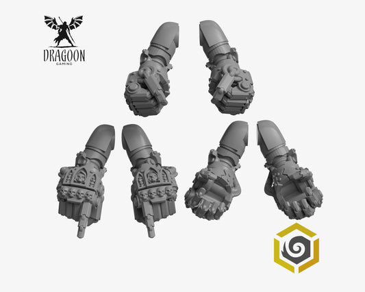 Set of six Eternal Pilgrims power fists by Greytide Studios 3d printed in grey resin for use in 28mm and 32mm tabletop wargames. This item is also compatible with Primaris sized Space Marines, Black Templars and Dark Angels in Warhammer 40K