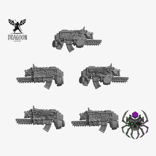 Set of five Flame Lizard Chain Bolters, designed by Eight Legs Miniatures, 3d printed in grey resin for use in 28mm and 32mm tabletop wargames. This item is also compatible with Primaris sized Space Marines and Salamanders in Warhammer 40K