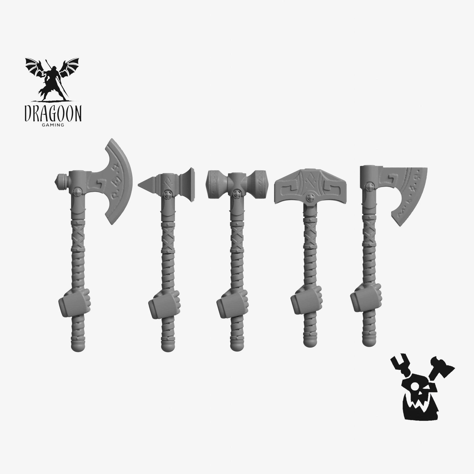 set of 5 single handed weapons by DakkaDakka studios, 3d printed in grey resin and compatible with Warhammer 40,000 Space marines, Primaris and Space Wolves