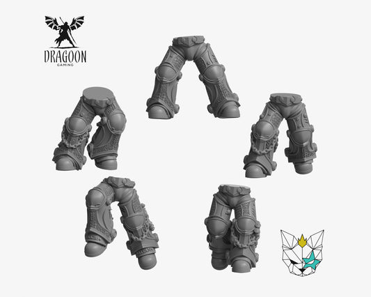 Set of five leg Conversions by Marta Punkgirl 3d printed in grey resin for use in 28mm and 32mm tabletop wargames. This item is also compatible with Primaris sized Space Marines, Death Watch, Grey Knights and Dark Angels in Warhammer 40K