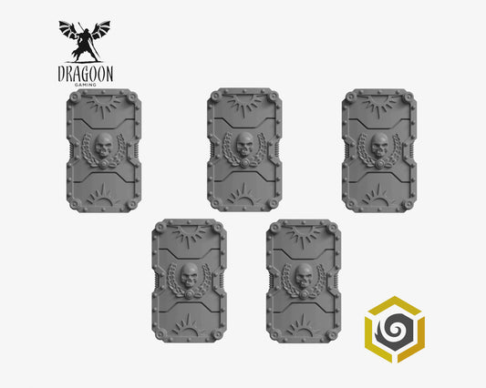 Set of five Roman style shields by Greytide Studios 3d printed in grey resin for use in 28mm and 32mm tabletop wargames. This item is also compatible with Primaris sized Space Marines and Ultramarines in Warhammer 40K