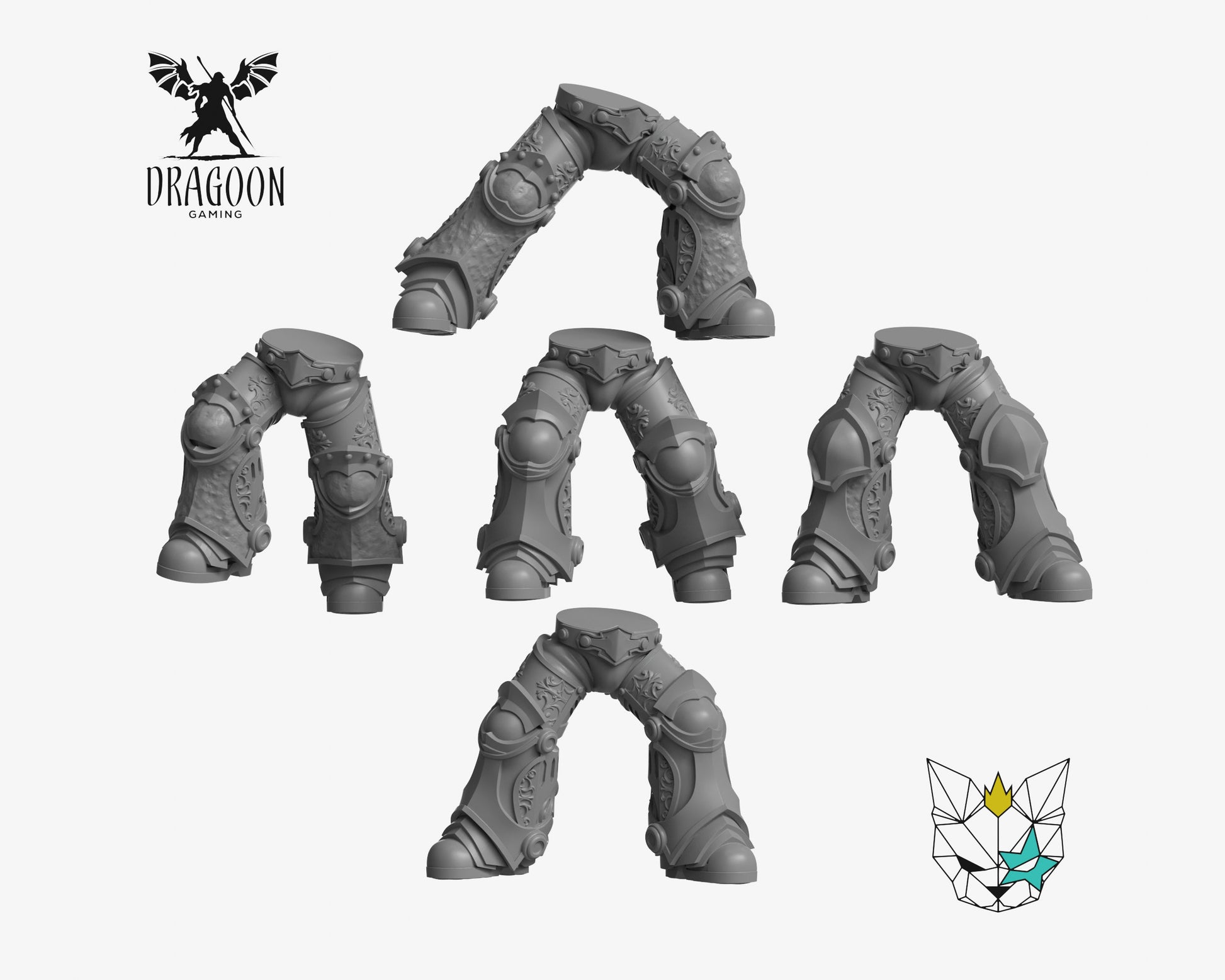 Set of five leg Conversions by Marta Punkgirl 3d printed in grey resin for use in 28mm and 32mm tabletop wargames. This item is also compatible with Primaris sized Space Marines and Dark Angels in Warhammer 40K