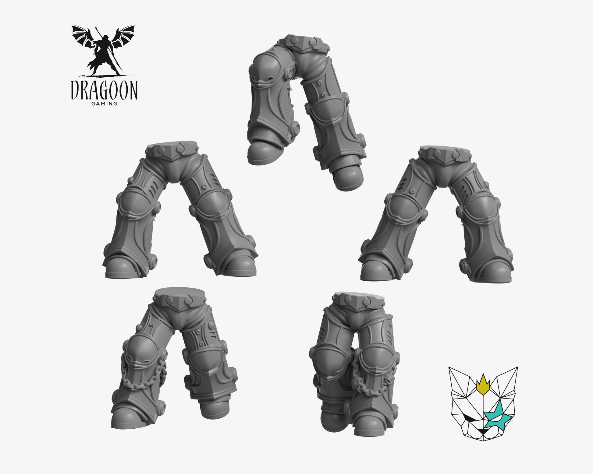 Set of five leg Conversions by Marta Punkgirl 3d printed in grey resin for use in 28mm and 32mm tabletop wargames. This item is also compatible with Primaris sized Space Marines, Death Watch, Grey Knights and Dark Angels in Warhammer 40K