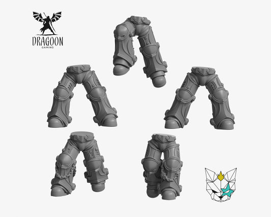 Set of five leg Conversions by Marta Punkgirl 3d printed in grey resin for use in 28mm and 32mm tabletop wargames. This item is also compatible with Primaris sized Space Marines, Death Watch, Grey Knights and Dark Angels in Warhammer 40K