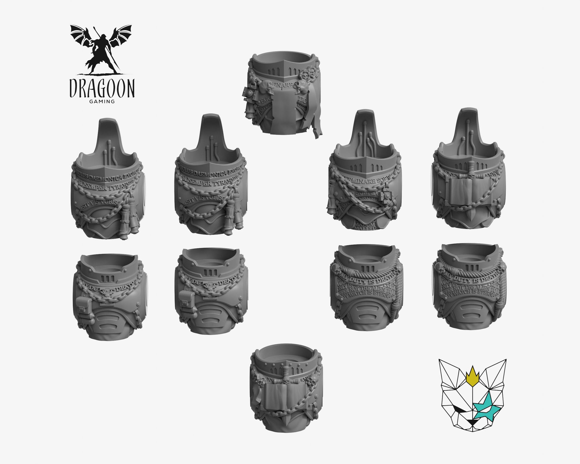 Set of ten Knight Torso Conversions by Marta Punkgirl 3d printed in grey resin for use in 28mm and 32mm tabletop wargames. This item is also compatible with Primaris sized Space Marines, Grey Knights and Death watch in Warhammer 40K