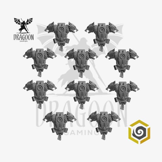 Set of ten Primal Hounds backpacks by Greytide Studios 3d printed in grey resin for use in 28mm and 32mm tabletop wargames. This item is also compatible with Primaris sized Space Marines and Space Wolves in Warhammer 40K