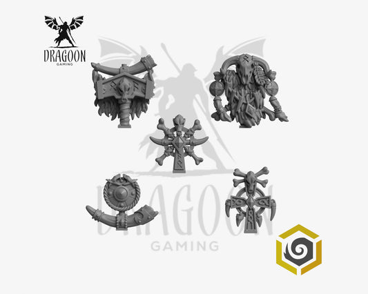 Set of five Primal Hounds back pack totems by Greytide Studios 3d printed in grey resin for use in 28mm and 32mm tabletop wargames. This item is also compatible with Primaris sized Space Marines and Space Wolves in Warhammer 40K