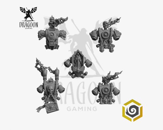 Set of five Eternal Pilgrims backpacks by Greytide Studios 3d printed in grey resin for use in 28mm and 32mm tabletop wargames. This item is compatible with Primaris sized Space Marines Dark Angels, Black Templars and Death Watch in Warhammer 40K