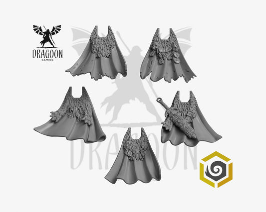 Set of five Primal Hounds cloaks by Greytide Studios 3d printed in grey resin for use in 28mm and 32mm tabletop wargames. This item is also compatible with Primaris sized Space Marines and Space Wolves in Warhammer 40K