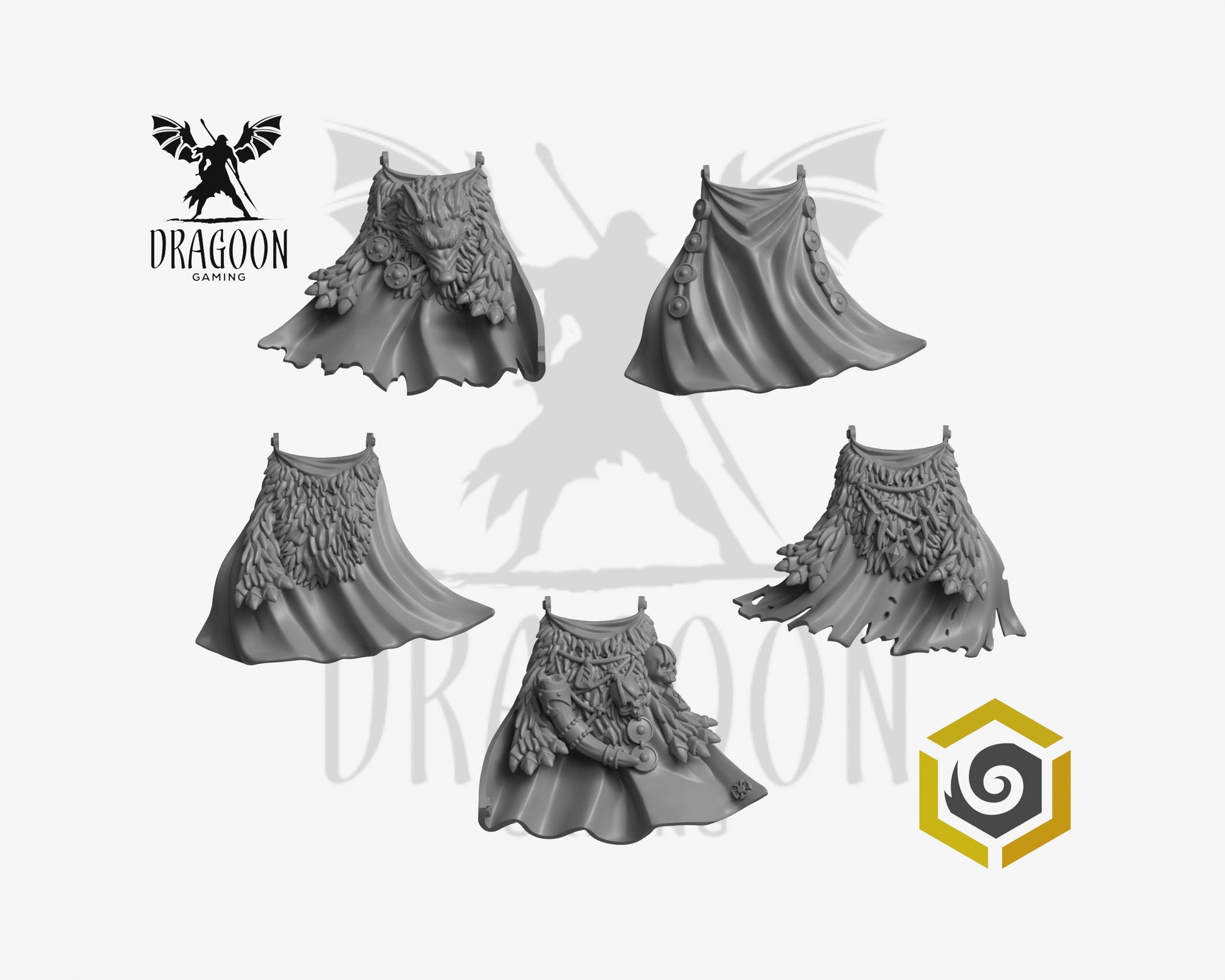 Set of five Primal Hounds Terminator cloaks by Greytide Studios 3d printed in grey resin for use in 28mm and 32mm tabletop wargames. This item is also compatible with Primaris sized Space Marines and Space Wolves in Warhammer 40K