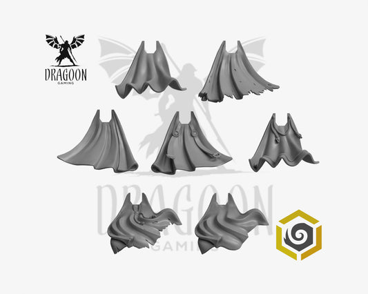 Set of seven Eternal Pilgrim cloaks by Greytide Studios 3d printed in grey resin for use in 28mm and 32mm tabletop wargames. This item is also compatible with Primaris sized Space Marines and Black Templars in Warhammer 40K