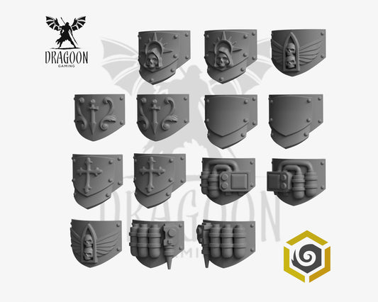 Set of fourteen Eternal Pilgrims Termi hip panels by Greytide Studios 3d printed in grey resin for use in 28mm and 32mm tabletop wargames. This item is also compatible with Primaris sized Terminator Space Marines and Dark Angels in Warhammer 40K