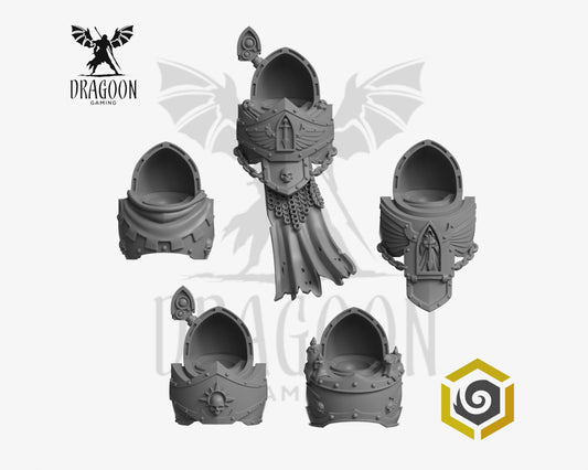 Set of five Eternal Pilgrims Termi chest armour plates by Greytide Studios 3d printed in grey resin for use in 28mm and 32mm tabletop wargames. This item is also compatible with Primaris sized Terminator Space Marines and Dark Angels in Warhammer 40K