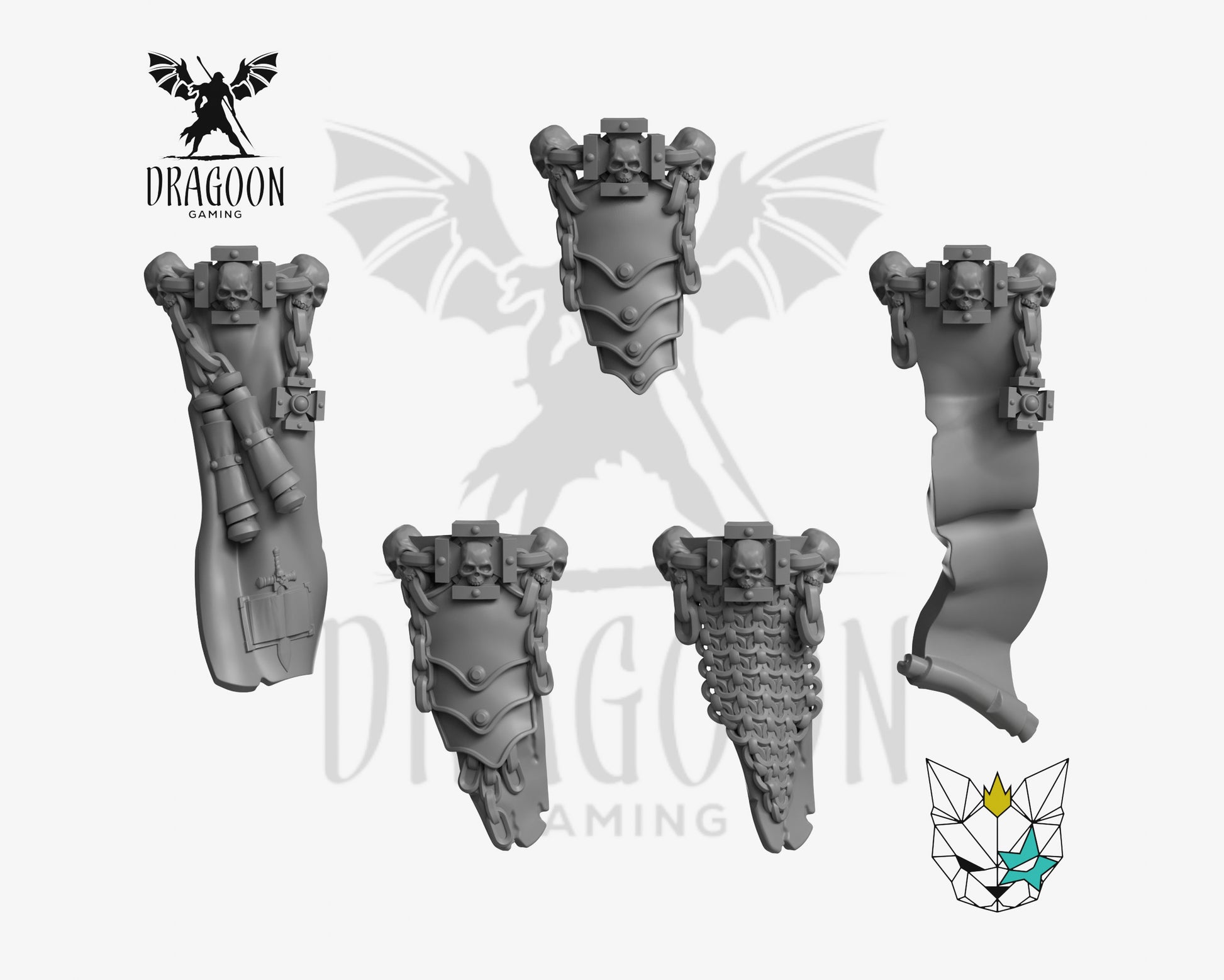 Set of five Knigh loincloths  3d printed in grey resin for use in 28mm and 32mm tabletop wargames. This item is also compatible with Primaris sized Space Marines , Death Watch, Black Templar and Dark Angels in Warhammer 40K