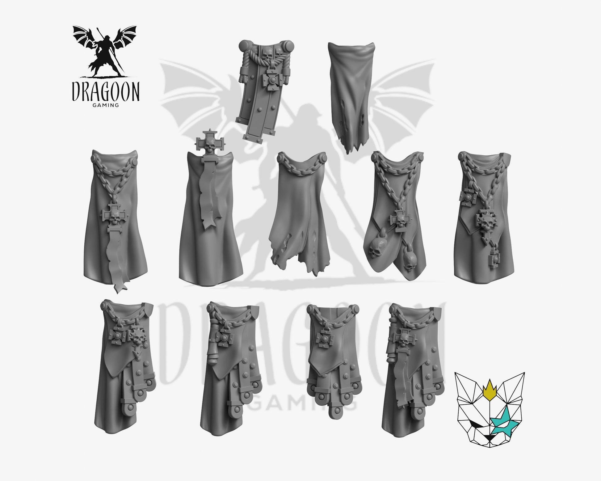 Set of eleven Knight loincloths  3d printed in grey resin for use in 28mm and 32mm tabletop wargames. This item is also compatible with Primaris sized Space Marines , Death Watch, Black Templar and Dark Angels in Warhammer 40K