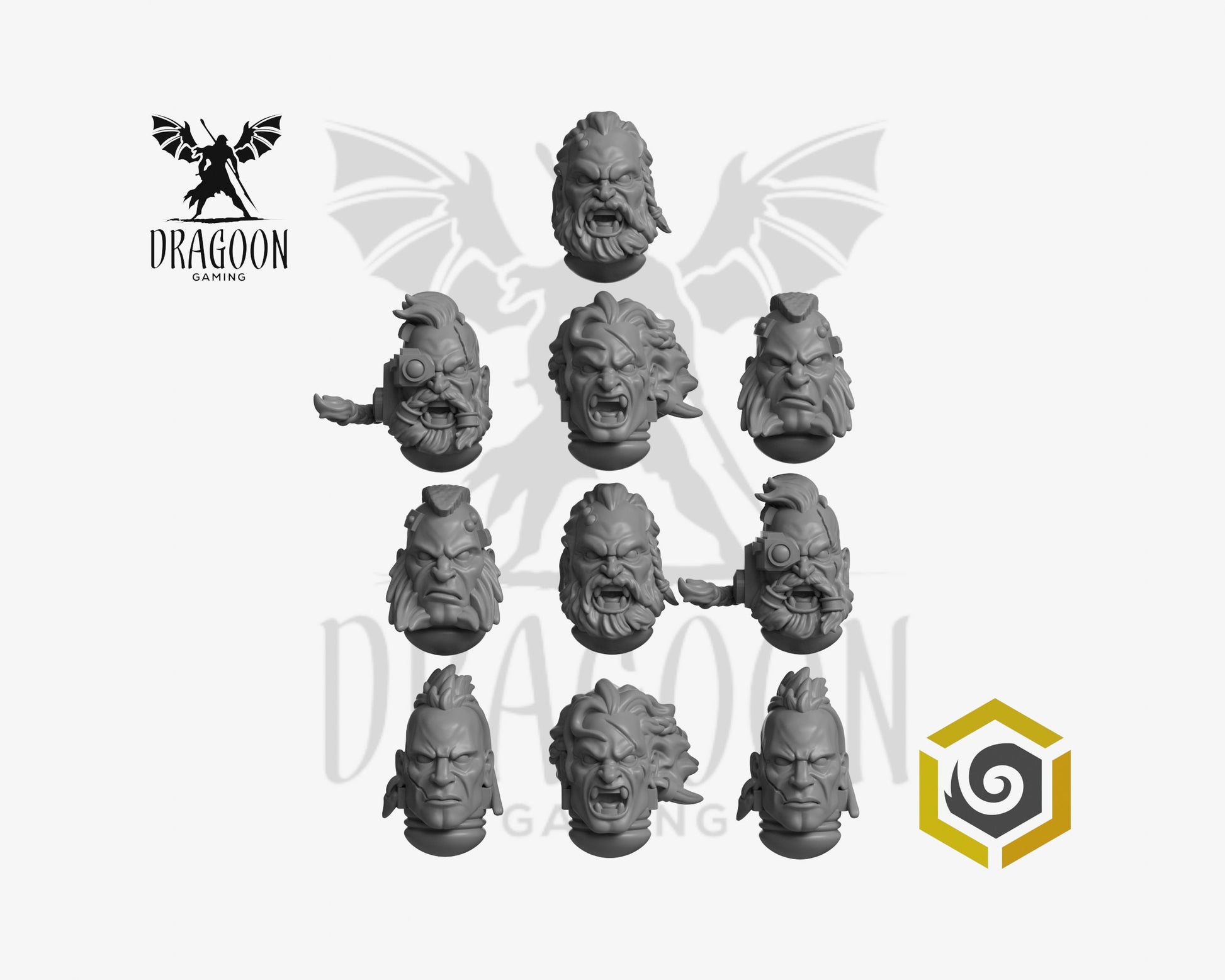 Set of ten Primal Hounds heads by Greytide Studios 3d printed in grey resin for use in 28mm and 32mm tabletop wargames. This item is also compatible with Primaris sized Space Marines and Space Wolves in Warhammer 40K