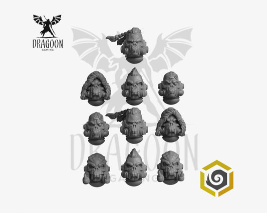 Set of ten Primal Hounds heads by Greytide Studios 3d printed in grey resin for use in 28mm and 32mm tabletop wargames. This item is also compatible with Primaris sized Space Marines and Space Wolves in Warhammer 40K