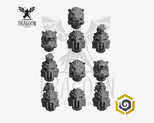 Set of ten Eternal Pilgrims Lion helmets by Greytide Studios 3d printed in grey resin for use in 28mm and 32mm tabletop wargames. This item is also compatible with Primaris sized Space Marines and Dark Angels in Warhammer 40K