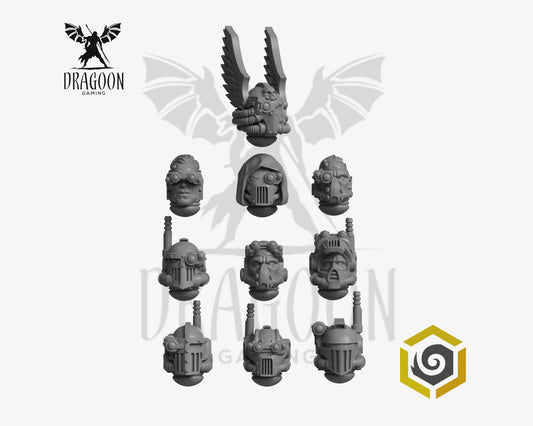 Set of ten Eternal Pilgrims tactical helmets by Greytide Studios 3d printed in grey resin for use in 28mm and 32mm tabletop wargames. This item is also compatible with Primaris sized Space Marines and Dark Angels in Warhammer 40K