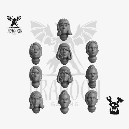 Set of ten Battle Sister Heads by DakkaDakka Studios 3d printed in grey resin for use in 28mm tabletop wargames. This item is also compatible with Warhammer 40K