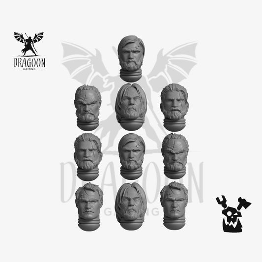 Set of ten legendary heroes Heads by DakkaDakka Studios 3d printed in grey resin for use in 28mm tabletop wargames. This item is also compatible with Space Marines in Warhammer 40K