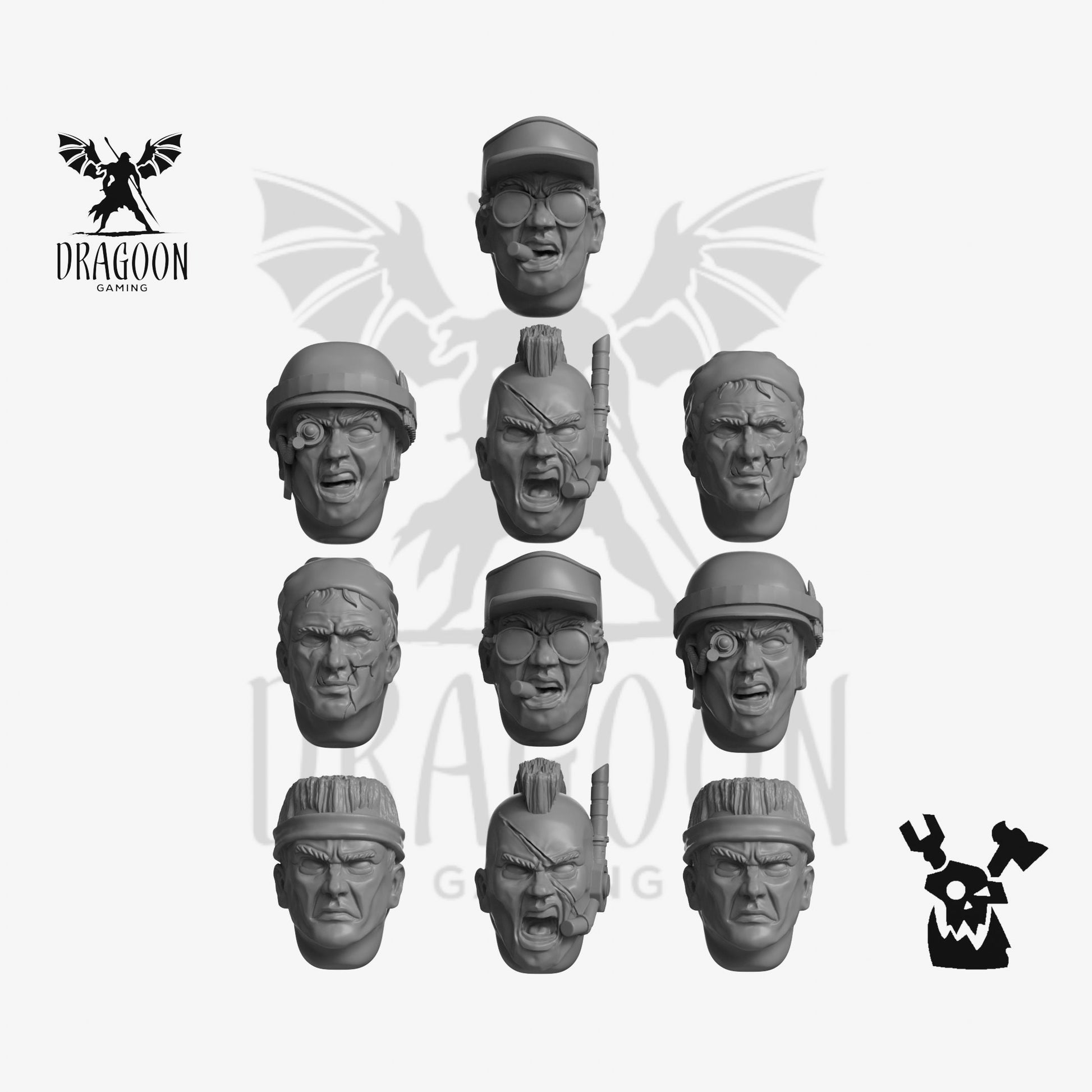 Set of ten jungle commandos Heads by DakkaDakka Studios 3d printed in grey resin for use in 28mm tabletop wargames. This item is also compatible with Warhammer 40K