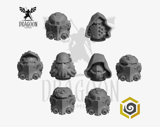 Set of eight Eternal Pilgrims Termi heads by Greytide Studios 3d printed in grey resin for use in 28mm and 32mm tabletop wargames. This item is also compatible with Primaris sized Space Marines and Dark Angels in Warhammer 40K