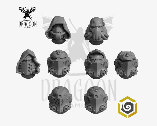 Set of eight Eternal Pilgrims heads by Greytide Studios 3d printed in grey resin for use in 28mm and 32mm tabletop wargames. This item is also compatible with Primaris sized Space Marines and Dark Angels in Warhammer 40K