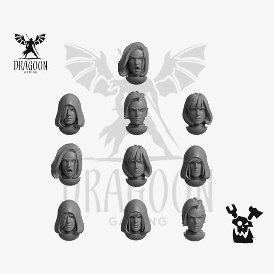 Set of ten female Space Marine Heads by DakkaDakka Studios 3d printed in grey resin for use in 32mm tabletop wargames. This item is also compatible with Primaris Space Marines and Custodes in Warhammer40K