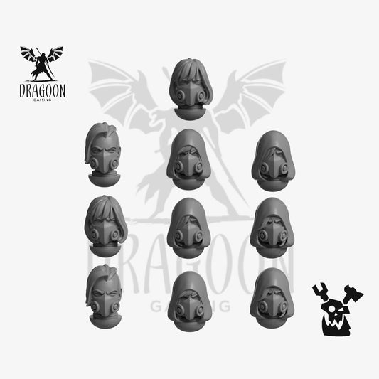 Set of ten female Space Marine Heads by DakkaDakka Studios 3d printed in grey resin for use in 32mm tabletop wargames. This item is also compatible with Primaris Space Marines and Custodes in Warhammer40K