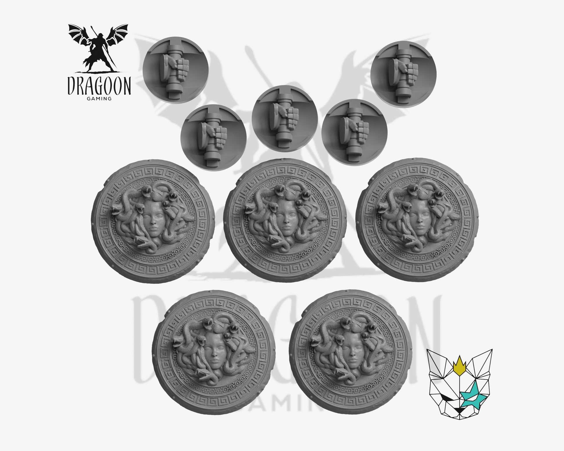 Set of five greek medusa shields by Marta Punkgirl 3d printed in grey resin for use in 28mm and 32mm tabletop wargames. This item is also compatible with Primaris sized Space Marines, Minotaurs and Ultramarines in Warhammer 40K