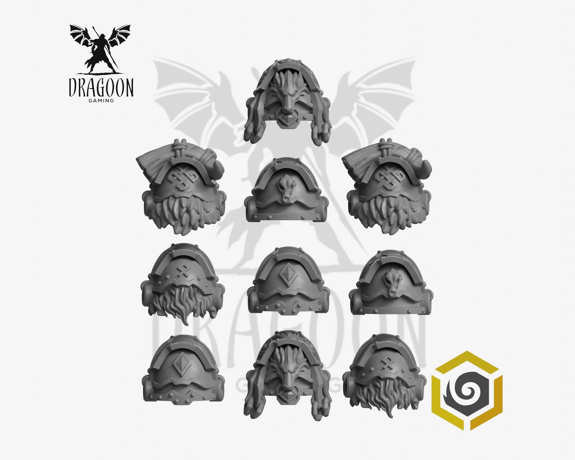 Set of ten Primal Hounds pauldrons by Greytide Studios 3d printed in grey resin for use in 28mm and 32mm tabletop wargames. This item is also compatible with Primaris sized Space Marines and Space Wolves in Warhammer 40K