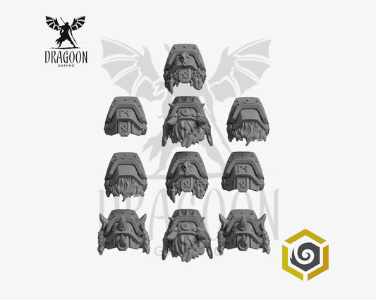 Set of ten Primal Hounds pauldrons by Greytide Studios 3d printed in grey resin for use in 28mm and 32mm tabletop wargames. This item is also compatible with Primaris sized Space Marines and Space Wolves in Warhammer 40K