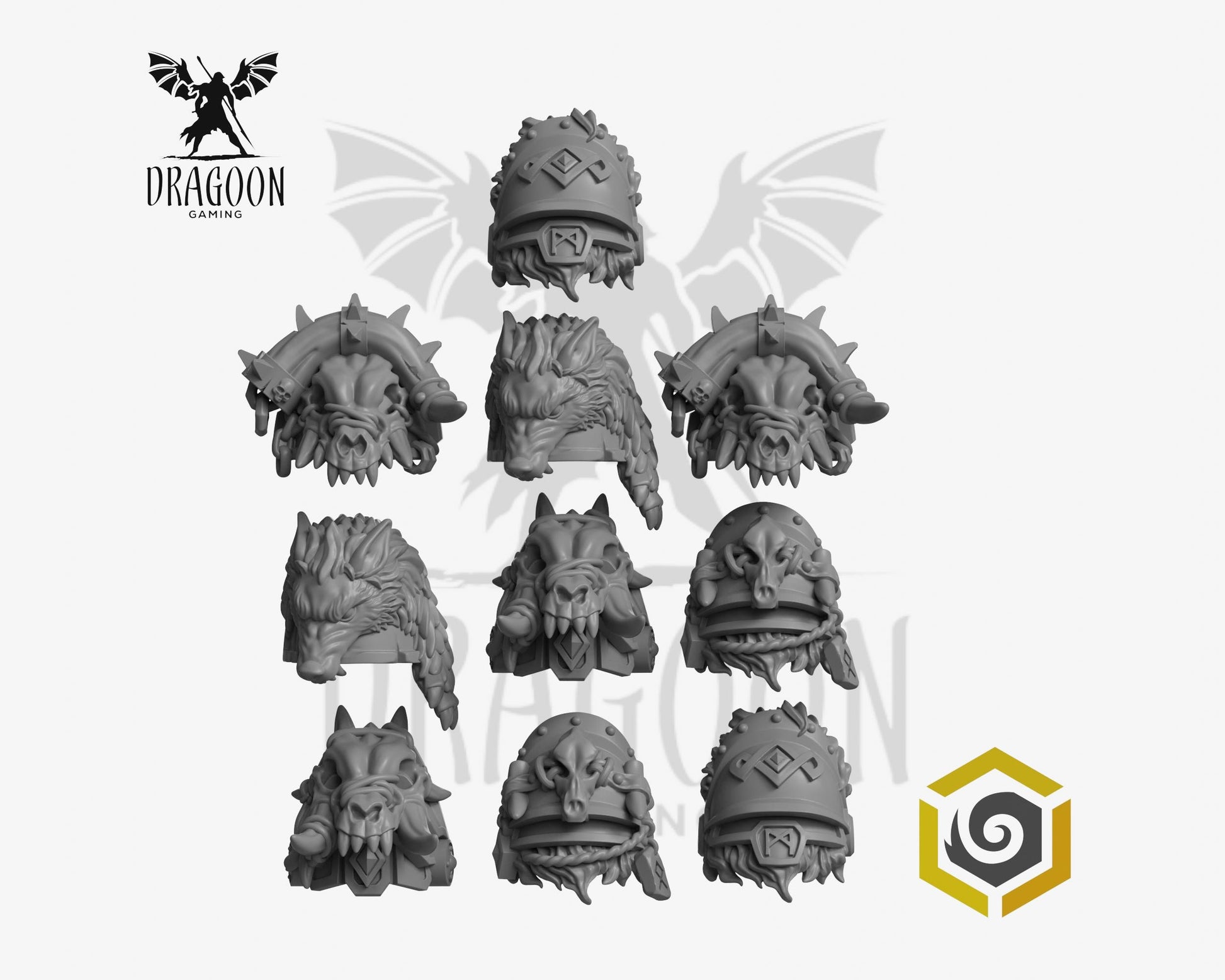 Set of ten Primal Hounds pauldrons by Greytide Studios 3d printed in grey resin for use in 28mm and 32mm tabletop wargames. This item is also compatible with Primaris sized Space Marines and Space Wolves in Warhammer 40K