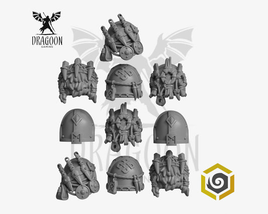 Set of ten Primal Hounds pauldrons by Greytide Studios 3d printed in grey resin for use in 28mm and 32mm tabletop wargames. This item is also compatible with Primaris sized Space Marines and Space Wolves in Warhammer 40K