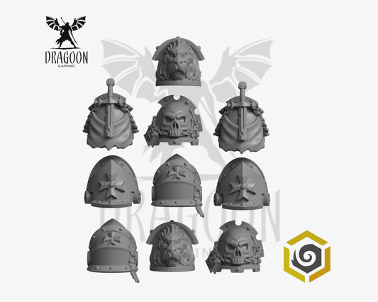 Set of ten Eternal Pilgrims Termi pauldrons by Greytide Studios 3d printed in grey resin for use in 28mm and 32mm tabletop wargames. This item is also compatible with Primaris sized Space Marines and Dark Angels in Warhammer 40K