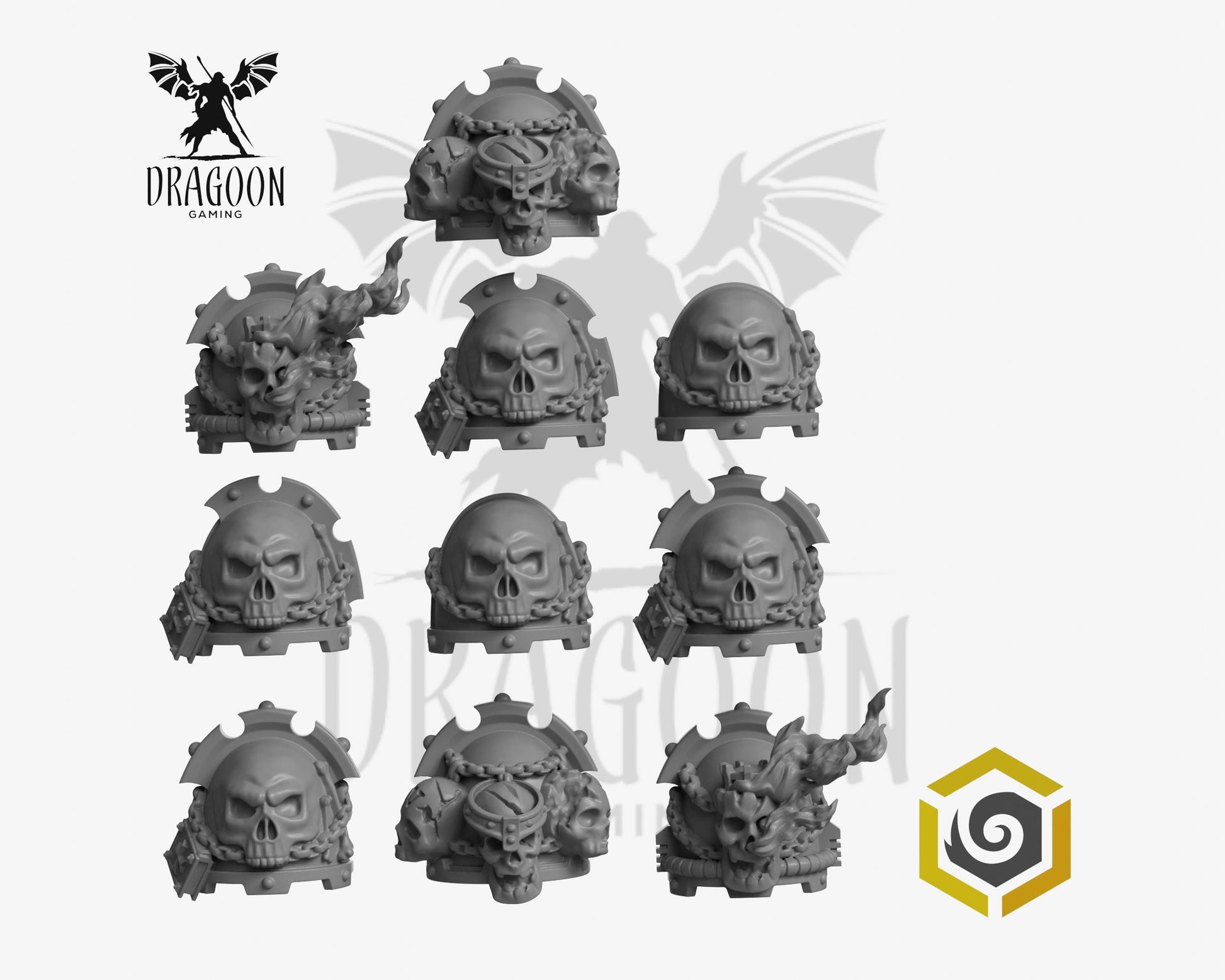 Set of ten Eternal Pilgrims Termi pauldrons by Greytide Studios 3d printed in grey resin for use in 28mm and 32mm tabletop wargames. This item is also compatible with Primaris sized Space Marines and Dark Angels in Warhammer 40K