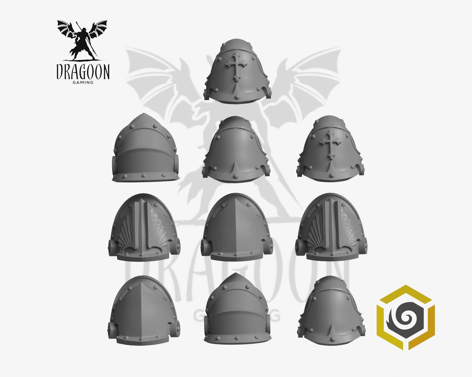 Set of ten Eternal Pilgrims Termi pauldrons by Greytide Studios 3d printed in grey resin for use in 28mm and 32mm tabletop wargames. This item is also compatible with Primaris sized Space Marines and Dark Angels in Warhammer 40K