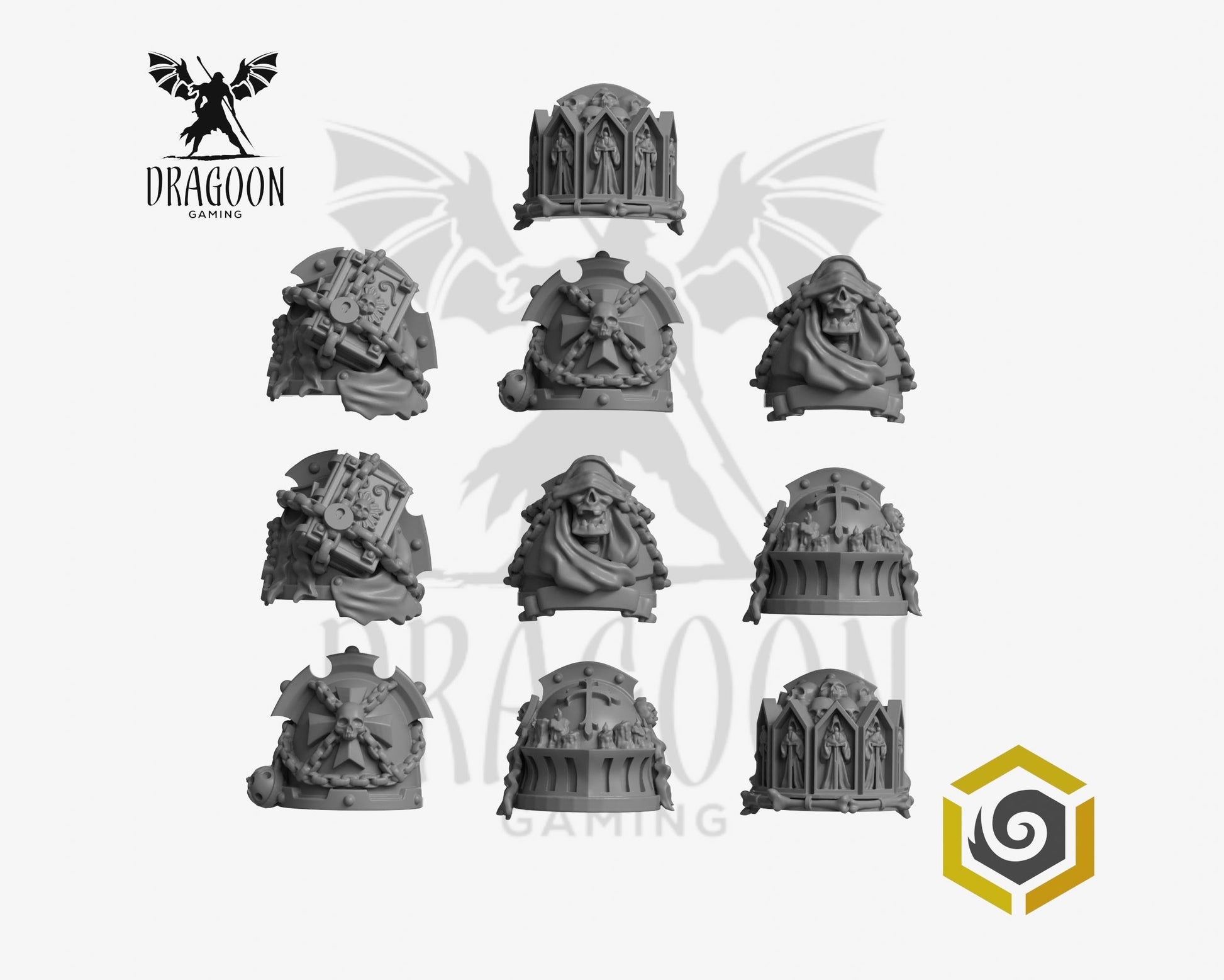 Set of ten Eternal Pilgrims Termi pauldrons by Greytide Studios 3d printed in grey resin for use in 28mm and 32mm tabletop wargames. This item is also compatible with Primaris sized Space Marines and Dark Angels in Warhammer 40K