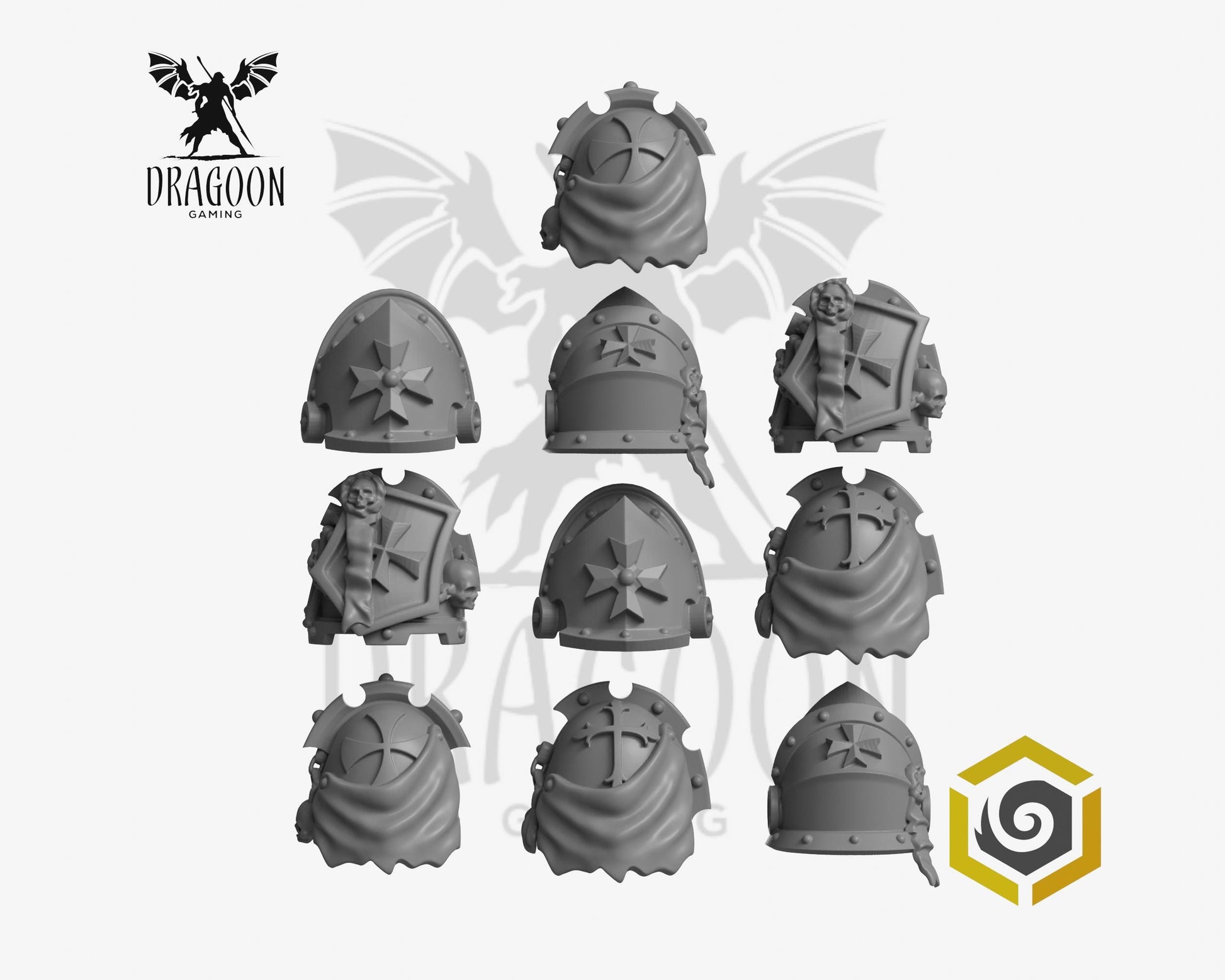 Set of ten Eternal Pilgrims Termi pauldrons by Greytide Studios 3d printed in grey resin for use in 28mm and 32mm tabletop wargames. This item is also compatible with Primaris sized Space Marines and Dark Angels in Warhammer 40K