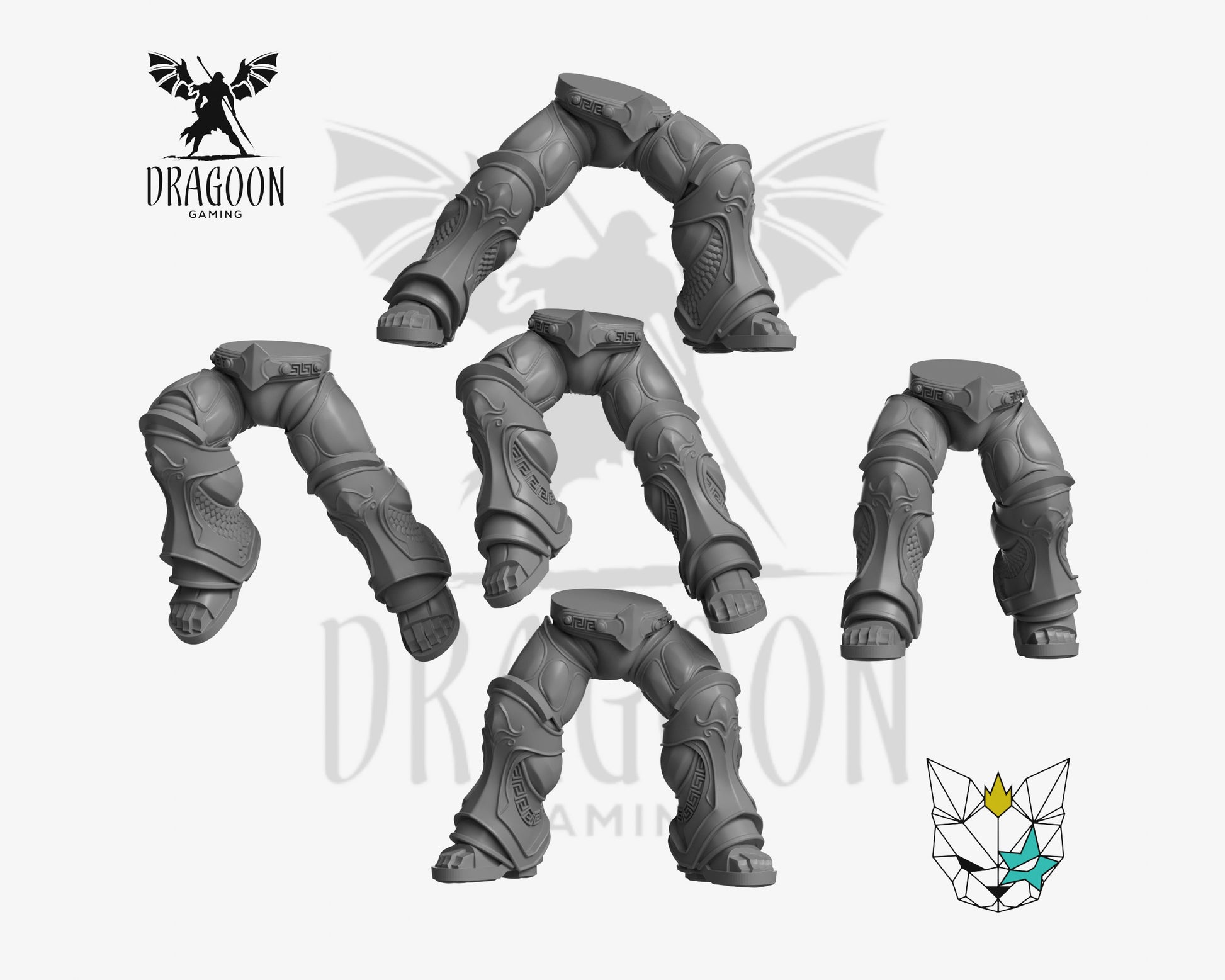 Set of five Greek leg Conversions by Marta Punkgirl 3d printed in grey resin for use in 28mm and 32mm tabletop wargames. This item is also compatible with Primaris sized Space Marines, Ultramarines and Minotaur&#39;s in Warhammer 40K