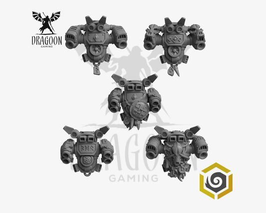 Set of five Primal Hounds jump packs by Greytide Studios 3d printed in grey resin for use in 28mm and 32mm tabletop wargames. This item is also compatible with Primaris sized Space Marines and Space Wolves in Warhammer 40K