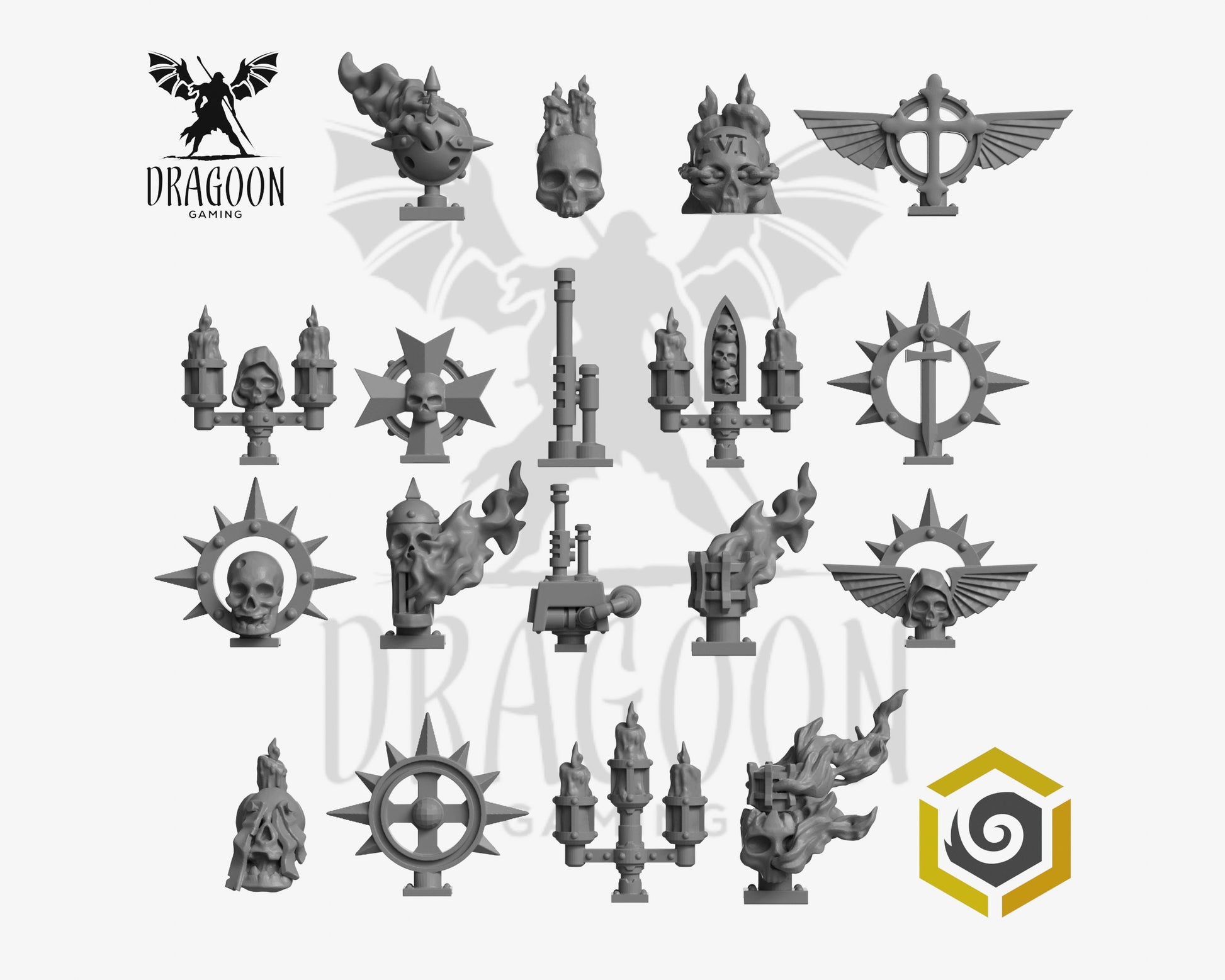 Set of eighteen Eternal Pilgrims backpack totems by Greytide Studios 3d printed in grey resin for use in 32mm tabletop wargames. This item is compatible with Primaris sized Space Marines Dark Angels, Black Templars and Death Watch in Warhammer 40K