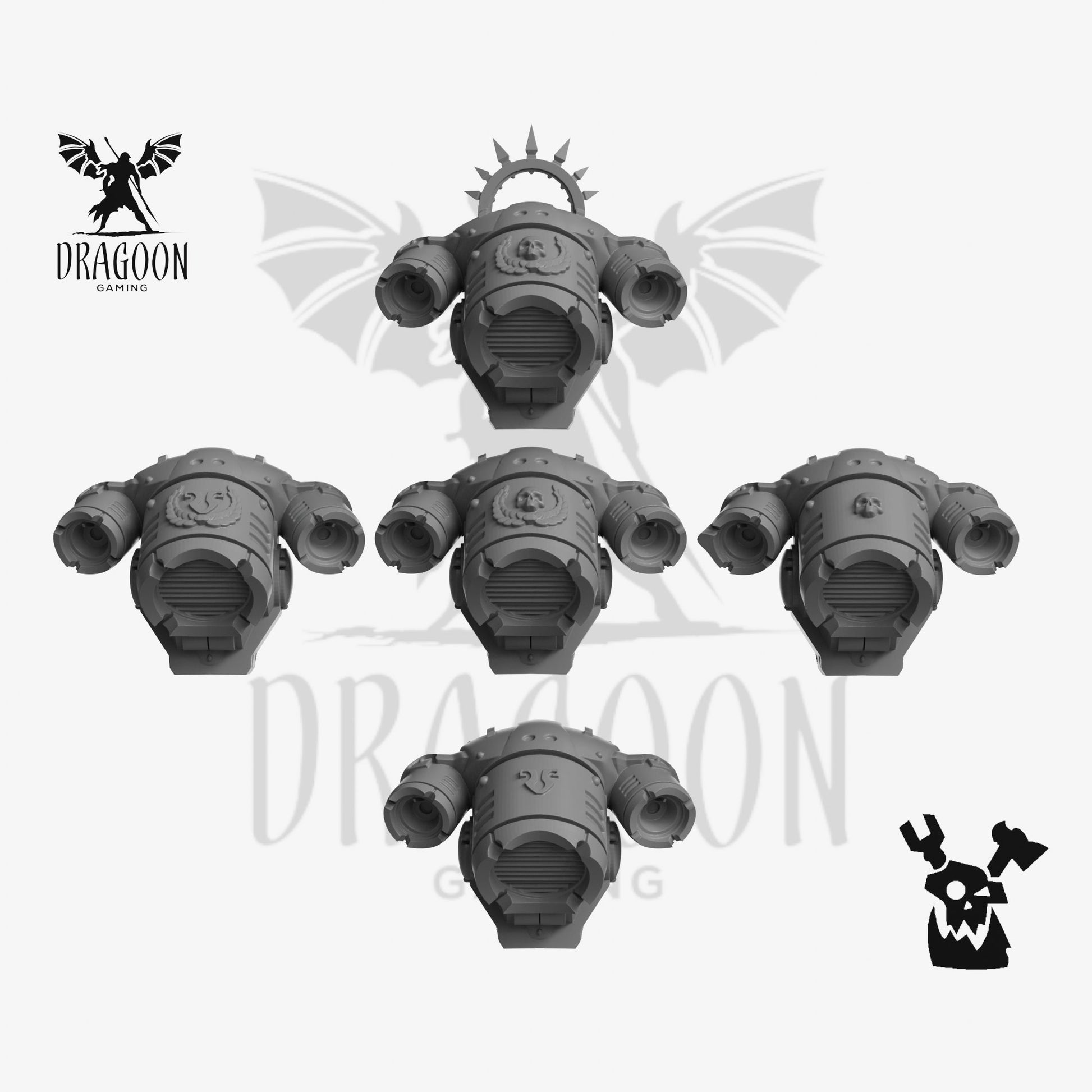 Set of five jump packs by  DakkaDakka Studios 3d printed in grey resin for use in 28mm and 32mm tabletop wargames. This item is also compatible with Primaris sized Space Marines and Ultramarines in Warhammer 40K