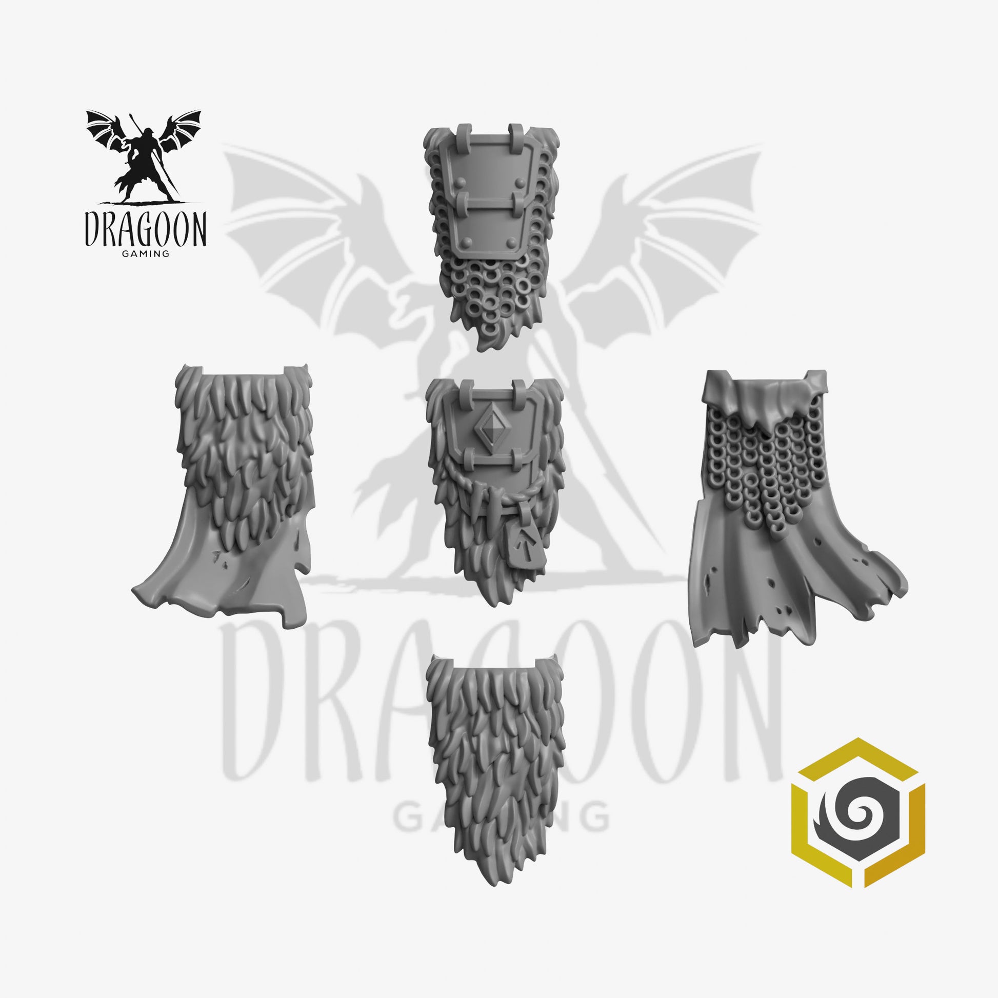 Set of five loin cloths by Greytide Studios 3d printed in grey resin for use in 28mm and 32mm tabletop wargames. This item is also compatible with Primaris sized Space Marines and Space Wolves in Warhammer 40K