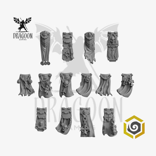 Set of fourteen loin cloths by Greytide Studios 3d printed in grey resin for use in 28mm and 32mm tabletop wargames. This item is also compatible with Primaris sized Space Marines and Black Templars in Warhammer 40K